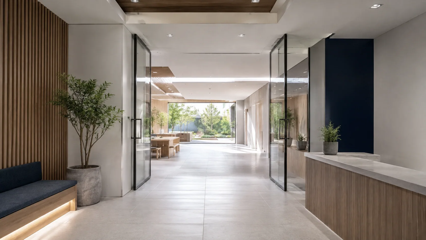 유리로 둘러싸인 연구동 복도